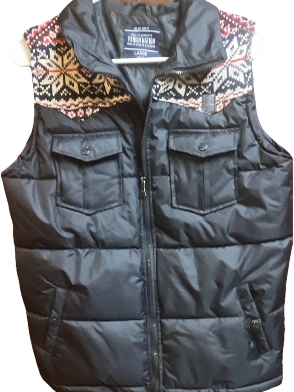 Parish Nation Large Puffer Vest Fair Isle Pattern Navy Quilted Pockets